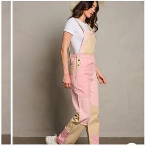 Easel LA Tan Patchwork Retro Boho Hippie Jean Overalls M